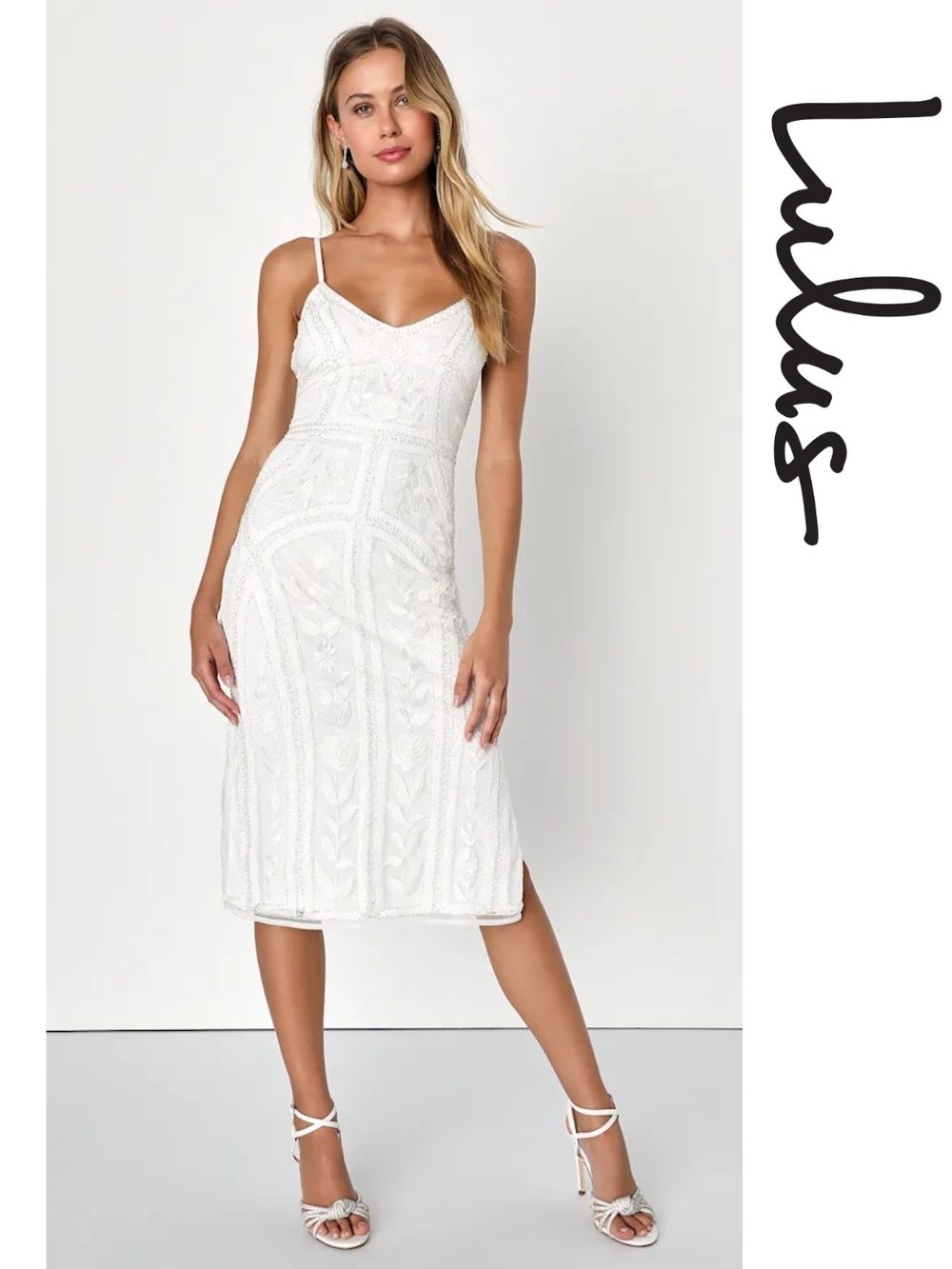 Lulu's -Alluring Interest White Sequin Embroidered Sleeveless Midi Dress- Medium